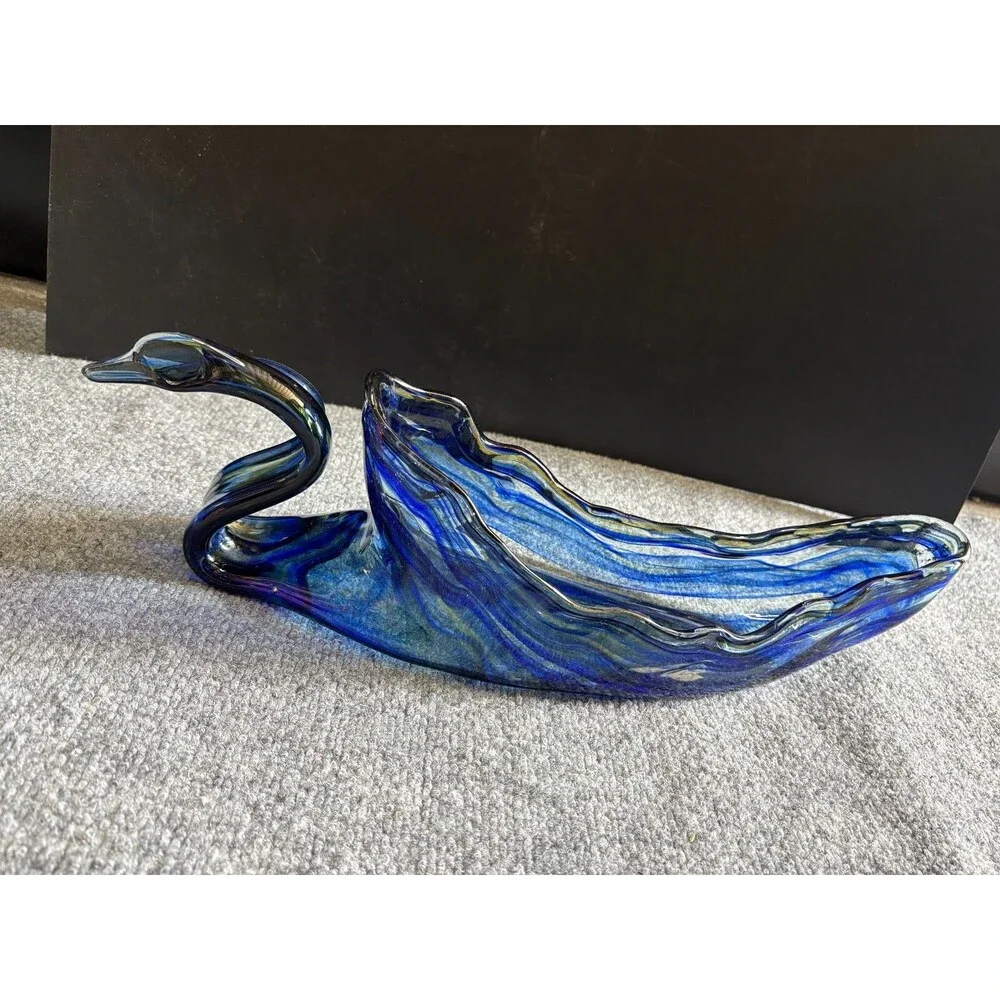 Swan Dish Bowl Vase Murano Style Hand Blown Art Glass Large Blue Vintage 18